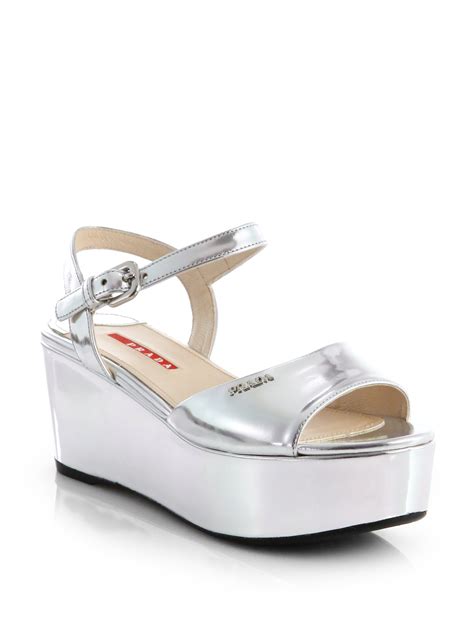 prada silver wedge shoes|Prada silver platform shoes.